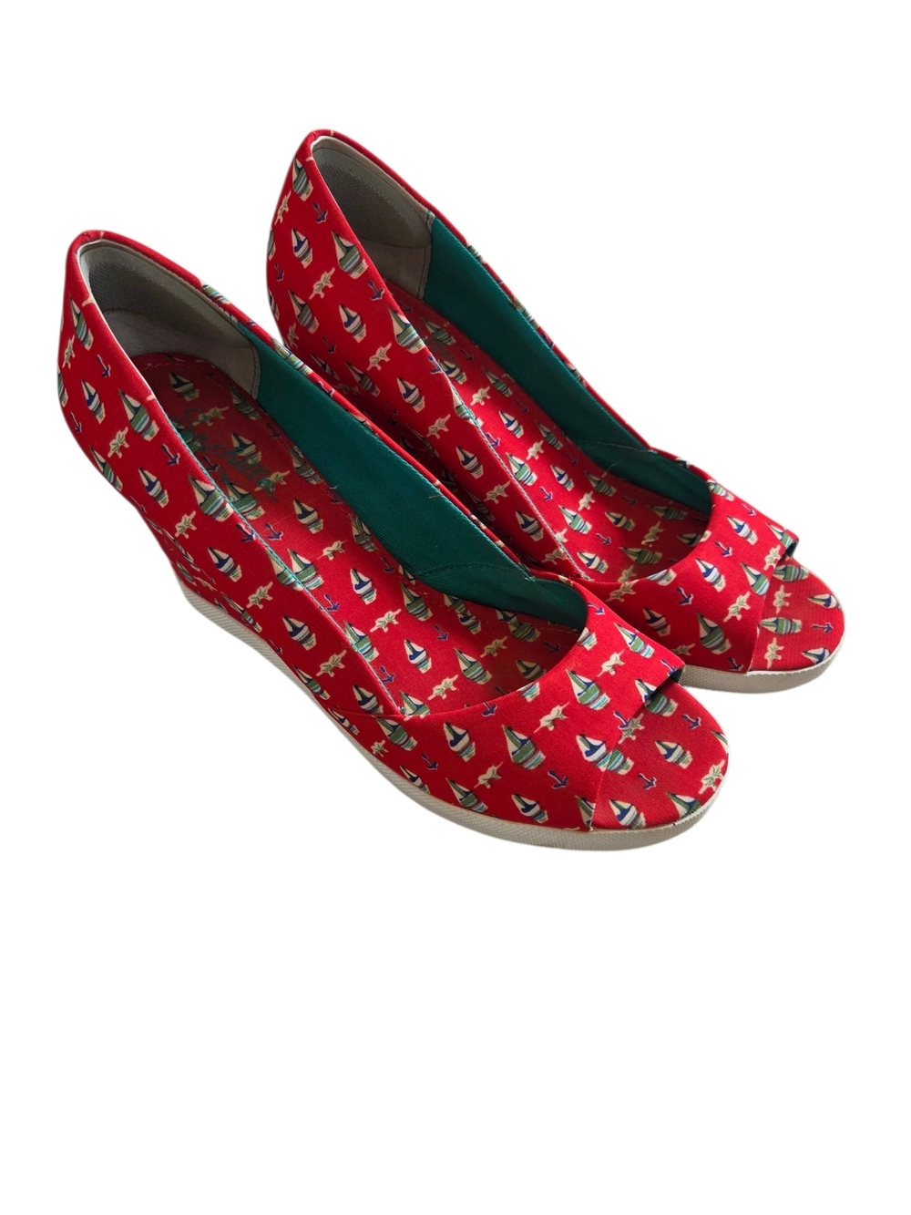 Seychelles Red Canvas Wedges with Nautical Boat Print